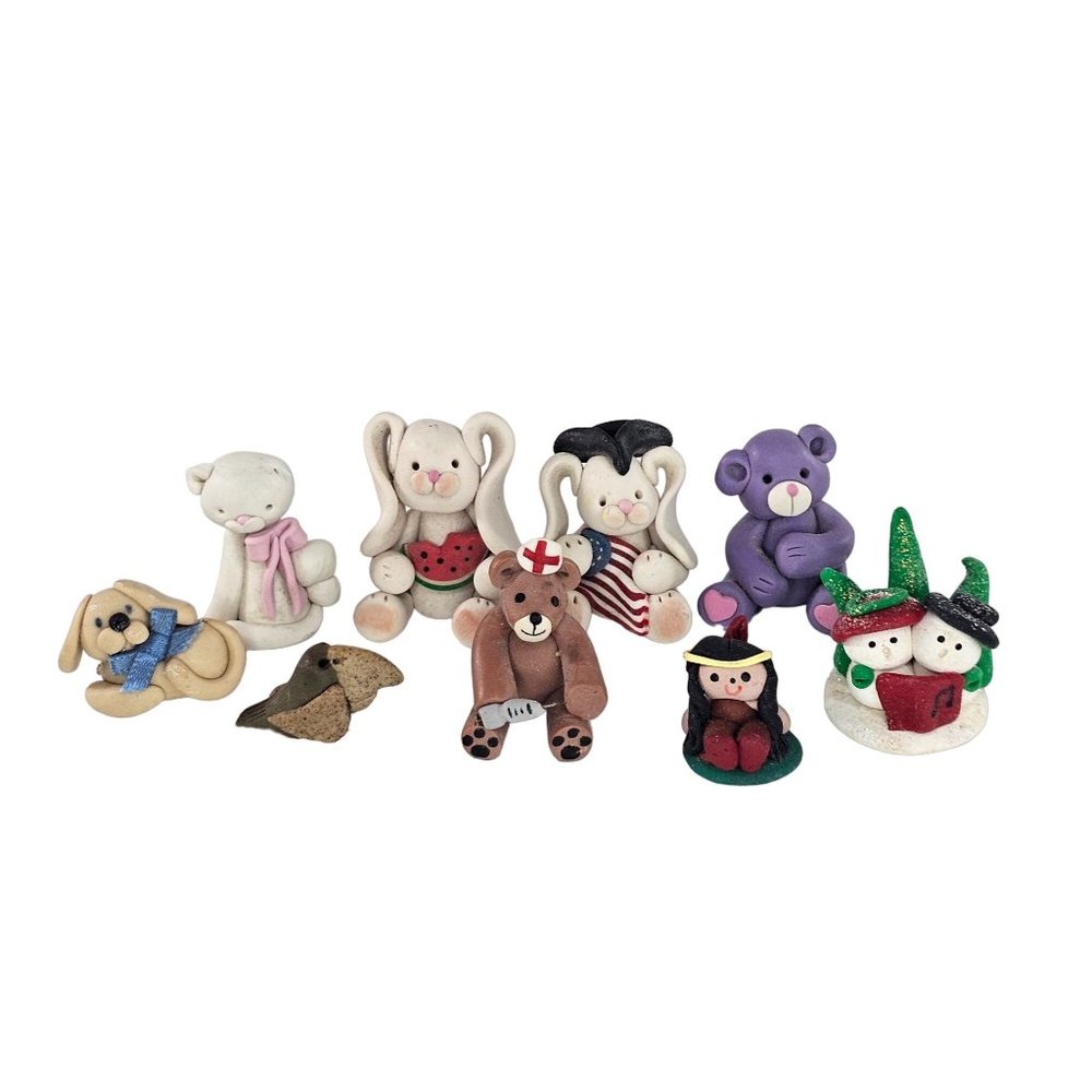 Polymer Clay Animal Miniature Figurine Lot Rabbit Dog Bear Bird Cat